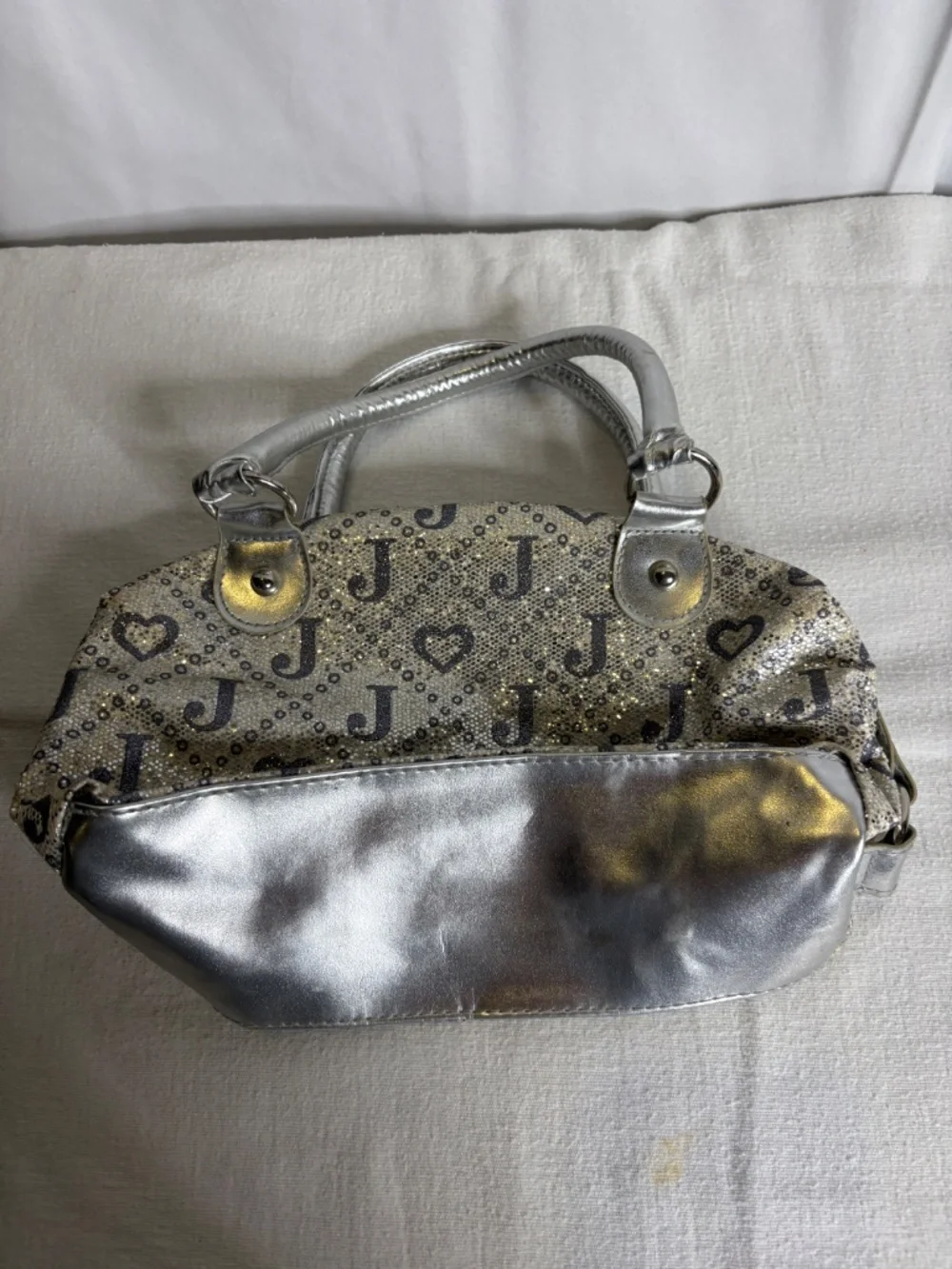 VTG Justice Girls Signature Glitter Satchel Handbag Silver Tone Metallic Bag Y2K